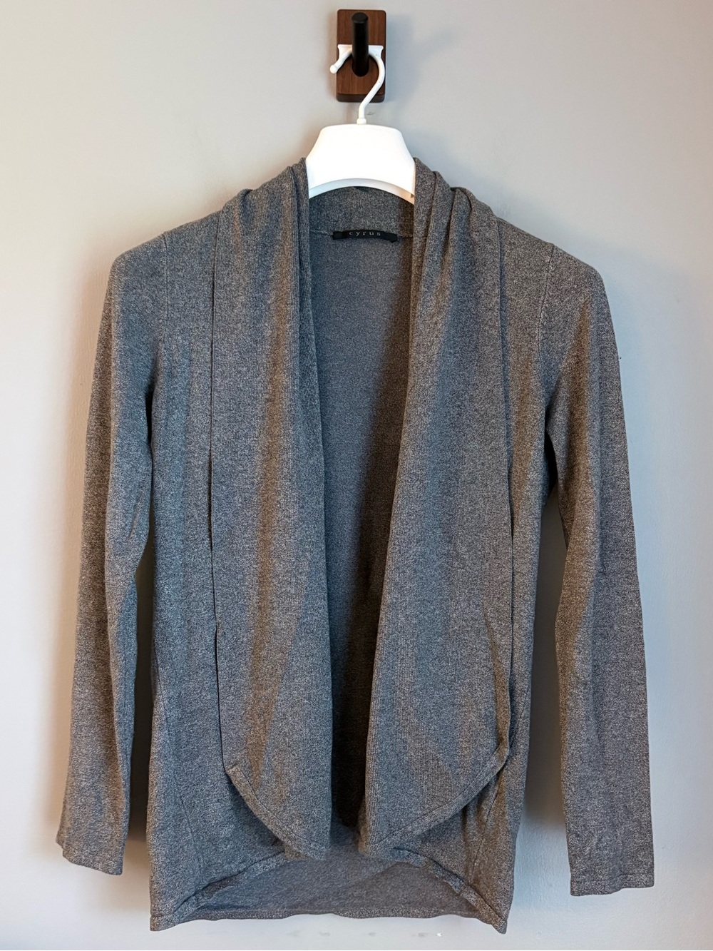 Cyrus Heather Grey Open Front Draped Cardigan Sweater Medium Long Sleeve